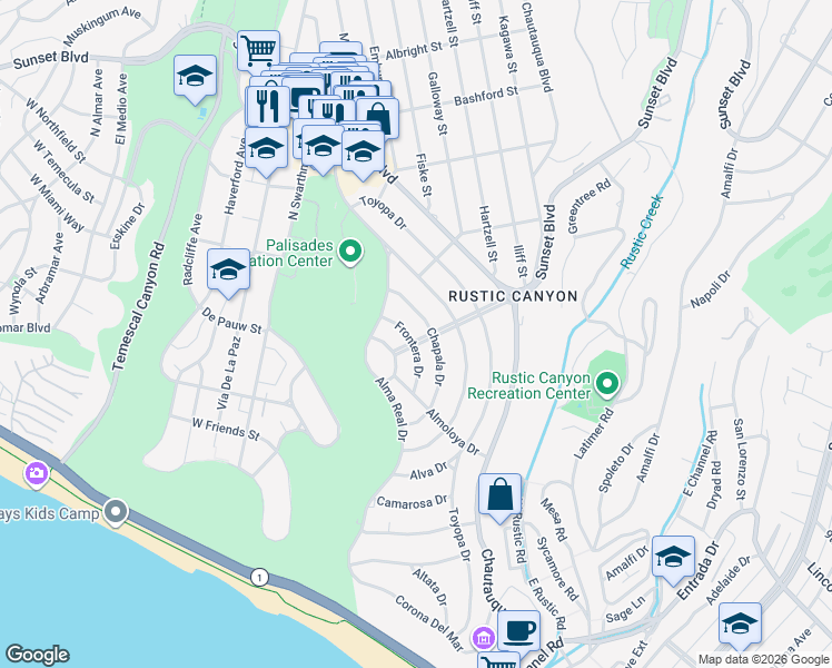 map of restaurants, bars, coffee shops, grocery stores, and more near 600 Frontera Drive in Los Angeles