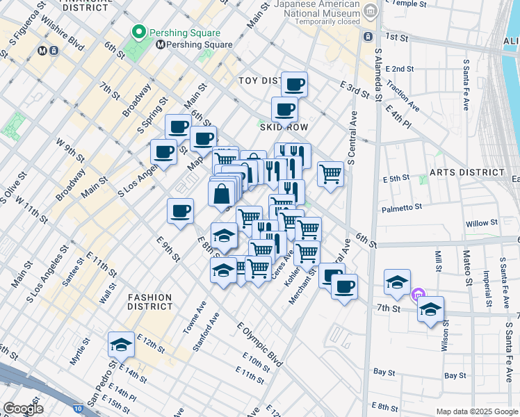 map of restaurants, bars, coffee shops, grocery stores, and more near 802 East 7th Street in Los Angeles
