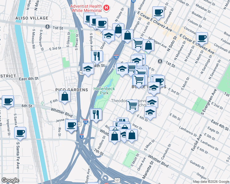 map of restaurants, bars, coffee shops, grocery stores, and more near 520 South Saint Louis Street in Los Angeles