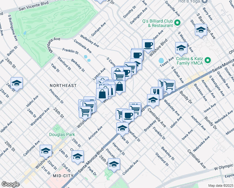 map of restaurants, bars, coffee shops, grocery stores, and more near 3130 Wilshire Boulevard in Santa Monica