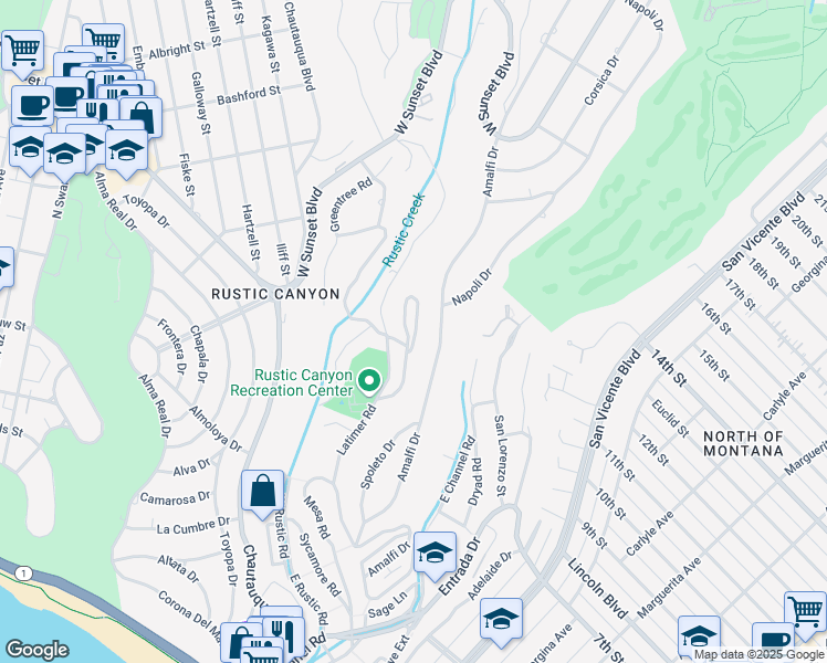 map of restaurants, bars, coffee shops, grocery stores, and more near 43 Haldeman Road in Santa Monica