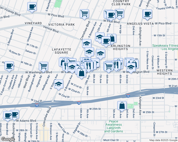 map of restaurants, bars, coffee shops, grocery stores, and more near 3839 West Washington Boulevard in Los Angeles