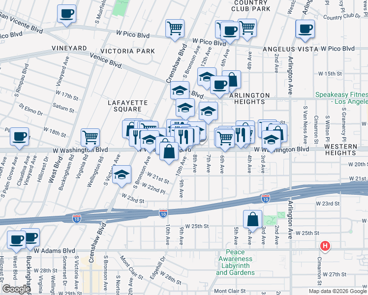 map of restaurants, bars, coffee shops, grocery stores, and more near 3839 West Washington Boulevard in Los Angeles