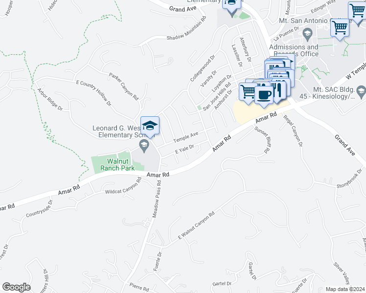 map of restaurants, bars, coffee shops, grocery stores, and more near 20245 East Yale Drive in Walnut
