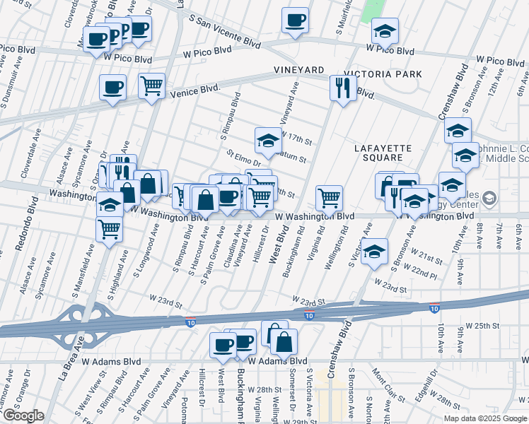map of restaurants, bars, coffee shops, grocery stores, and more near West Washington Boulevard in Los Angeles
