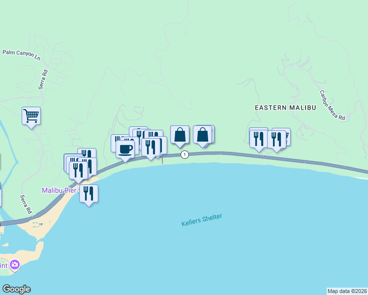map of restaurants, bars, coffee shops, grocery stores, and more near 22626 Pacific Coast Highway in Malibu