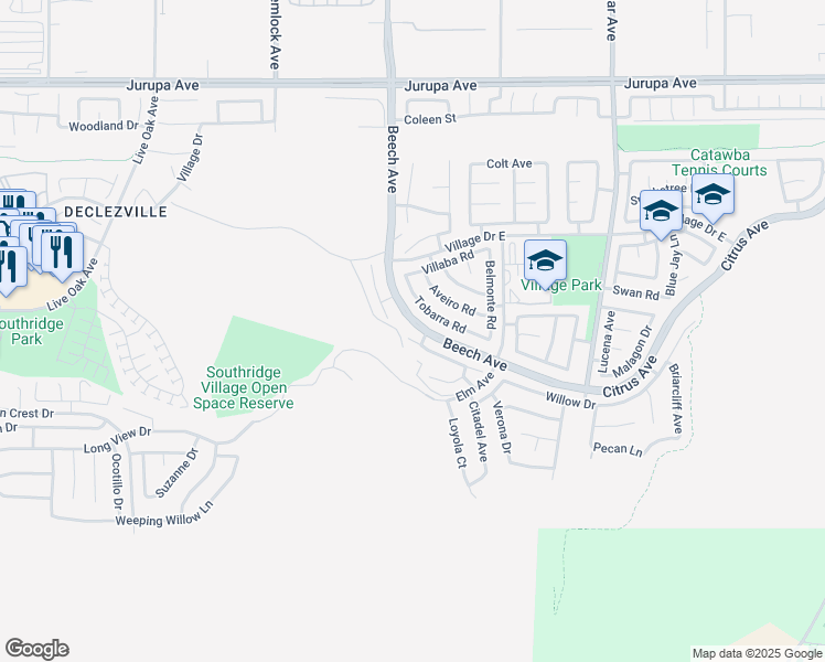map of restaurants, bars, coffee shops, grocery stores, and more near 15314 Daybreak Lane in Fontana