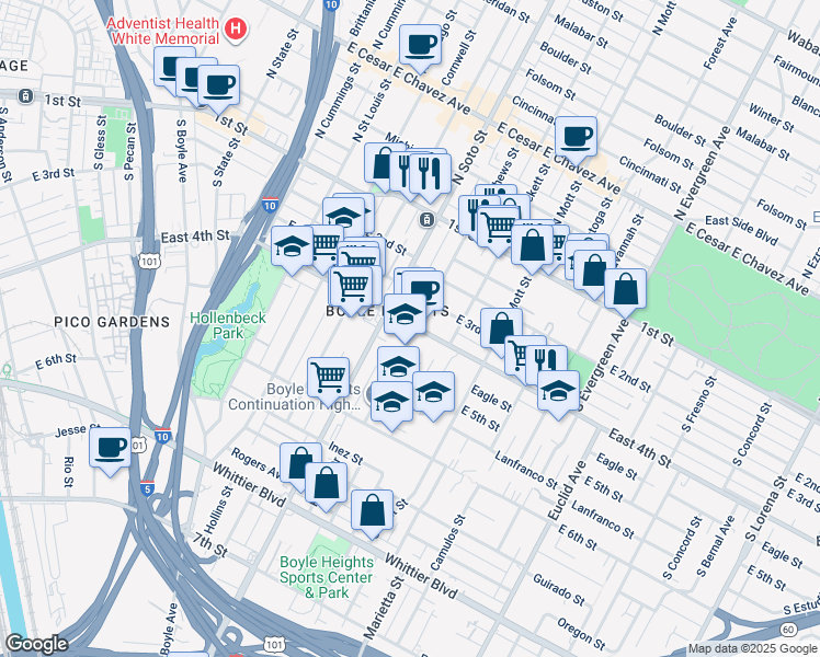 map of restaurants, bars, coffee shops, grocery stores, and more near 456 South Mathews Street in Los Angeles
