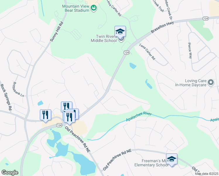 map of restaurants, bars, coffee shops, grocery stores, and more near 1797 Willoughby Drive in Buford