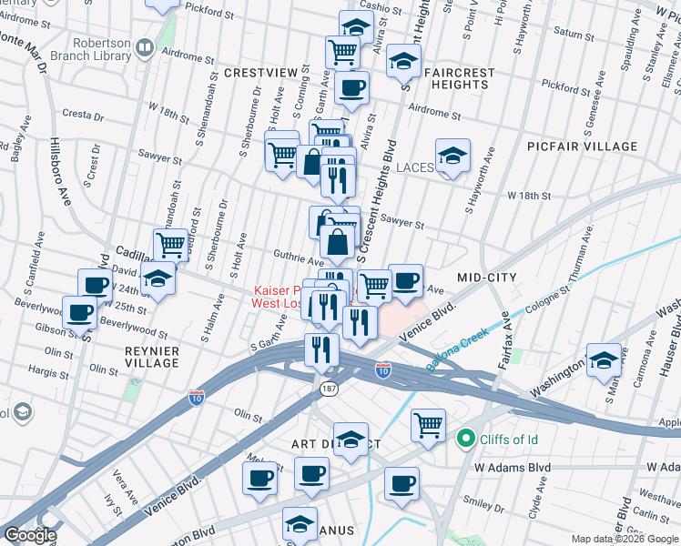 map of restaurants, bars, coffee shops, grocery stores, and more near 2041 La Cienega Boulevard in Los Angeles