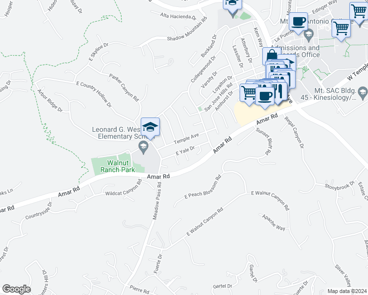 map of restaurants, bars, coffee shops, grocery stores, and more near 20245 East Yale Drive in Walnut