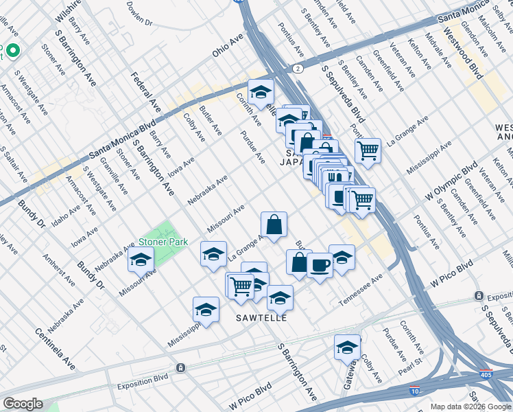 map of restaurants, bars, coffee shops, grocery stores, and more near 1910 Colby Avenue in Los Angeles