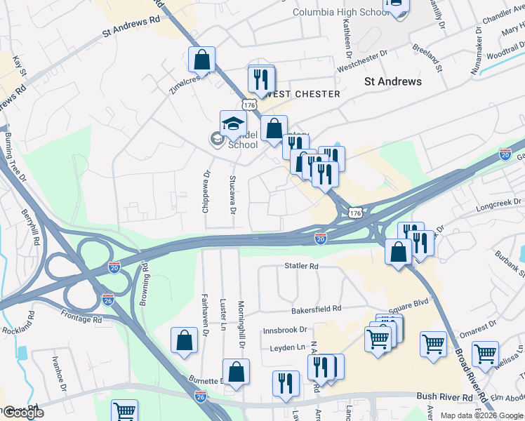 map of restaurants, bars, coffee shops, grocery stores, and more near 102 Menlo Drive in Columbia