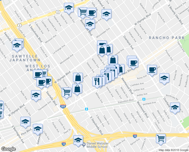 map of restaurants, bars, coffee shops, grocery stores, and more near 2321 Veteran Avenue in Los Angeles