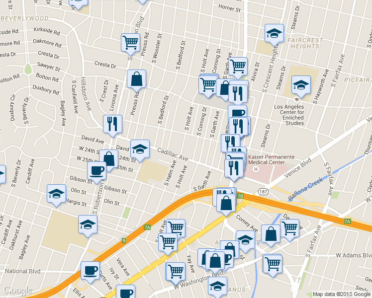 map of restaurants, bars, coffee shops, grocery stores, and more near 2038 South Holt Avenue in Los Angeles