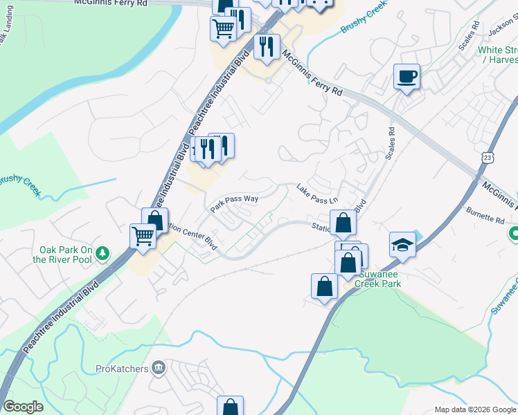 map of restaurants, bars, coffee shops, grocery stores, and more near 1240 Park Pass Row in Suwanee