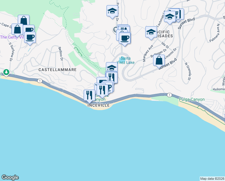 map of restaurants, bars, coffee shops, grocery stores, and more near 17374 Sunset Boulevard in Los Angeles