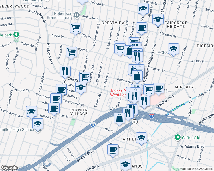 map of restaurants, bars, coffee shops, grocery stores, and more near 2038 South Holt Avenue in Los Angeles