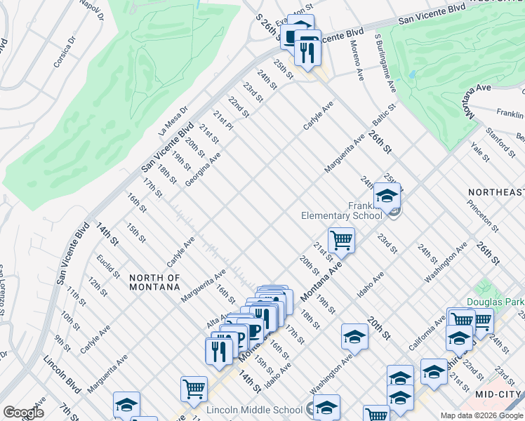 map of restaurants, bars, coffee shops, grocery stores, and more near 451 20th Street in Santa Monica