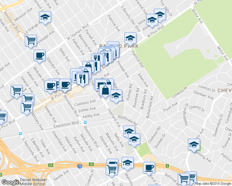 map of restaurants, bars, coffee shops, grocery stores, and more near 10615 Esther Avenue in Los Angeles