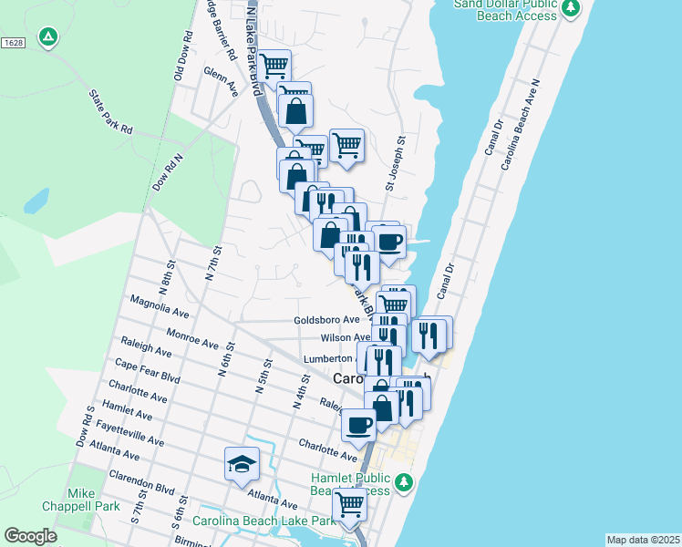 map of restaurants, bars, coffee shops, grocery stores, and more near 201 Winner Avenue in Carolina Beach