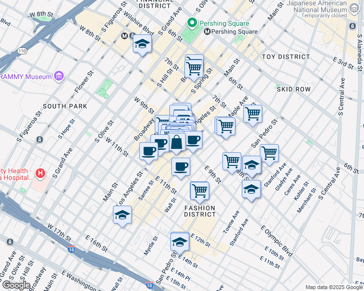 map of restaurants, bars, coffee shops, grocery stores, and more near 327 East 11th Street in Los Angeles