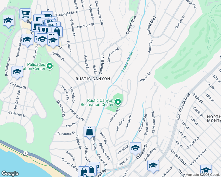 map of restaurants, bars, coffee shops, grocery stores, and more near 640 Hightree Road in Santa Monica