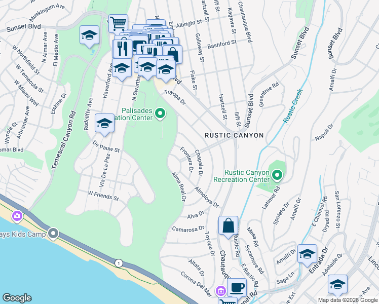 map of restaurants, bars, coffee shops, grocery stores, and more near 600 Frontera Drive in Los Angeles