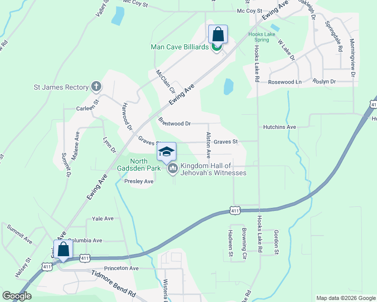 map of restaurants, bars, coffee shops, grocery stores, and more near 306 Goldenrod Avenue in Gadsden