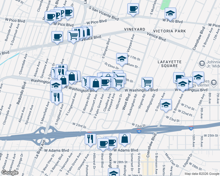 map of restaurants, bars, coffee shops, grocery stores, and more near 4632 West Washington Boulevard in Los Angeles
