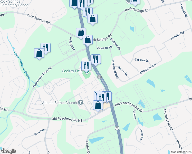 map of restaurants, bars, coffee shops, grocery stores, and more near 755 Braves Avenue in Lawrenceville