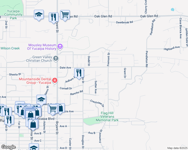 map of restaurants, bars, coffee shops, grocery stores, and more near 35576 Cornell Drive in Yucaipa