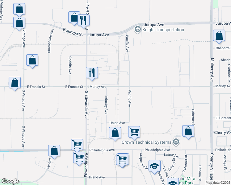 map of restaurants, bars, coffee shops, grocery stores, and more near 11631 Industry Avenue in Fontana