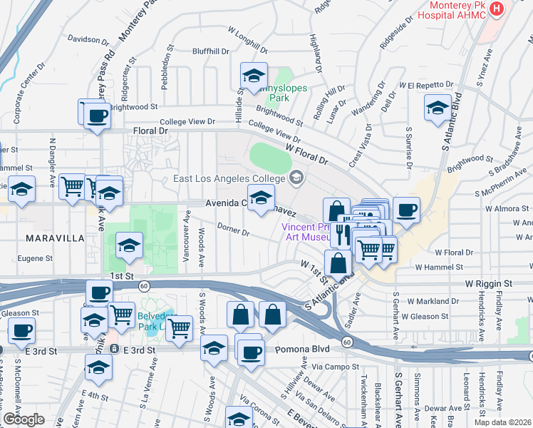 map of restaurants, bars, coffee shops, grocery stores, and more near 1500 Avenida Cesar Chavez in Monterey Park