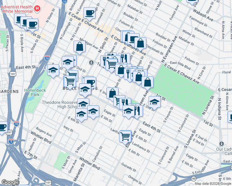 map of restaurants, bars, coffee shops, grocery stores, and more near 2700 East 3rd Street in Los Angeles