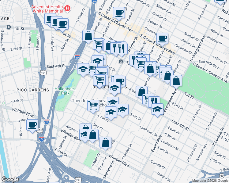 map of restaurants, bars, coffee shops, grocery stores, and more near 456 South Mathews Street in Los Angeles