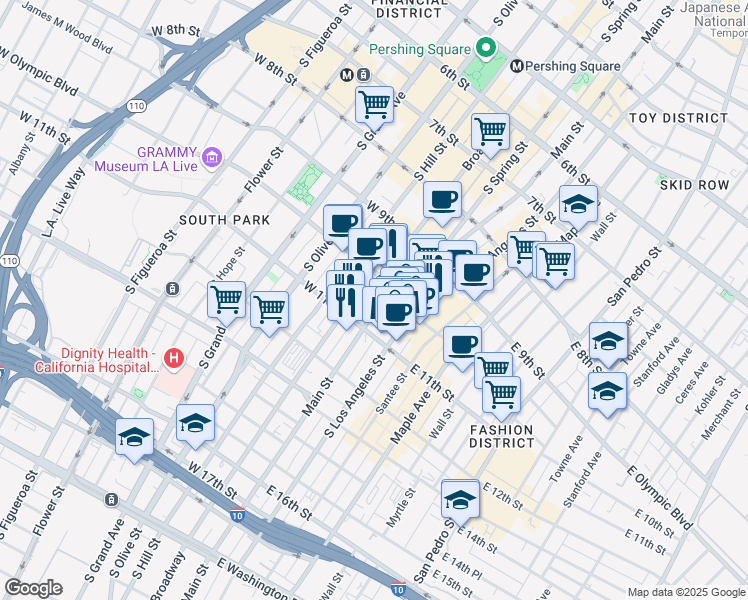 map of restaurants, bars, coffee shops, grocery stores, and more near 1027 South Los Angeles Street in Los Angeles