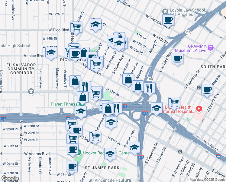 map of restaurants, bars, coffee shops, grocery stores, and more near 1712 Toberman Street in Los Angeles