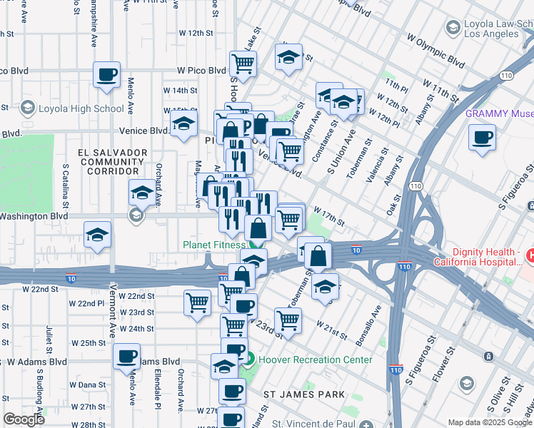 map of restaurants, bars, coffee shops, grocery stores, and more near 1153 West Washington Boulevard in Los Angeles