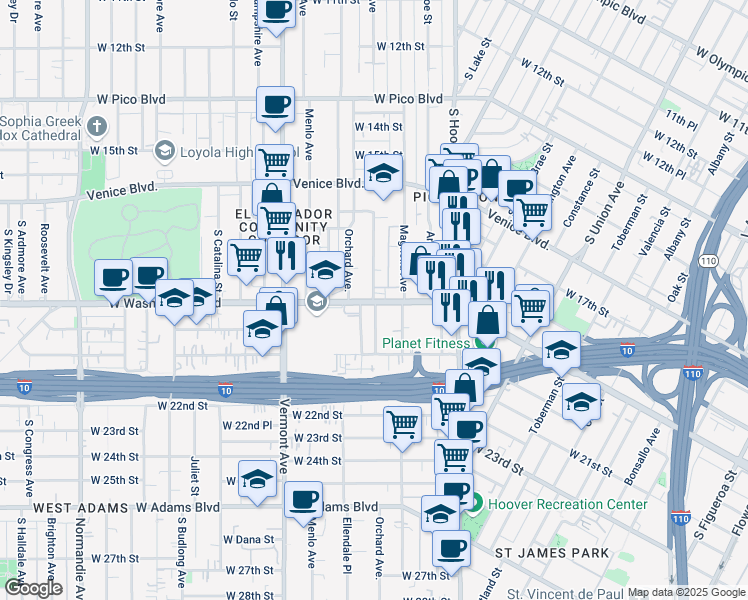 map of restaurants, bars, coffee shops, grocery stores, and more near 1408 West Washington Boulevard in Los Angeles