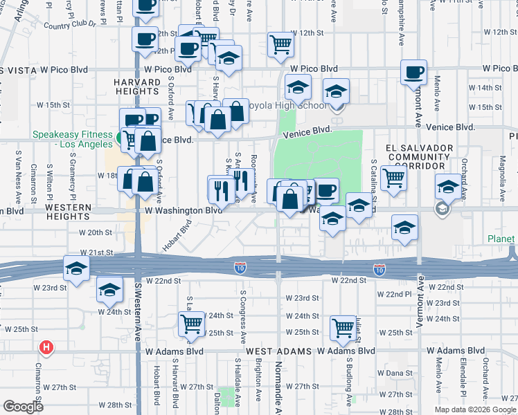 map of restaurants, bars, coffee shops, grocery stores, and more near 1913 South La Salle Avenue in Los Angeles