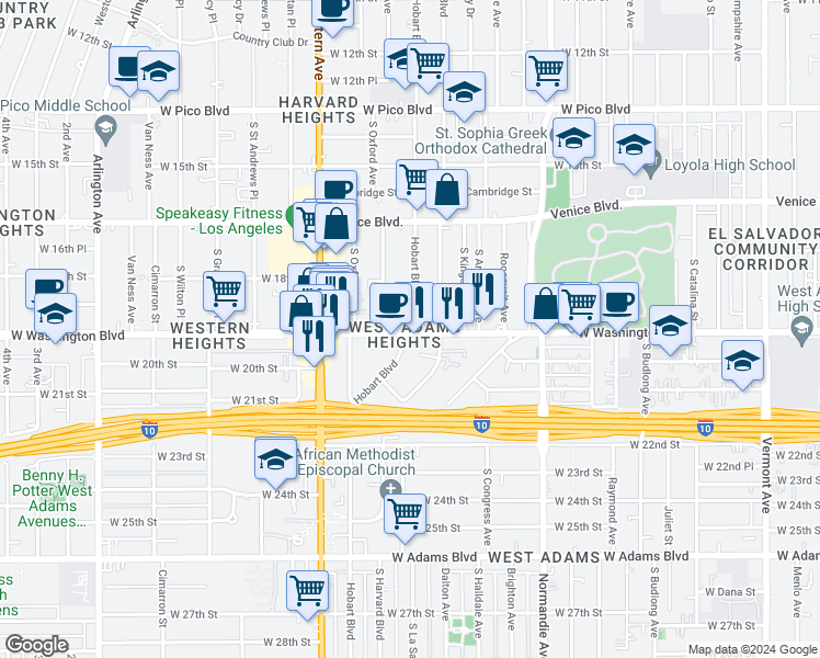 map of restaurants, bars, coffee shops, grocery stores, and more near in Los Angeles