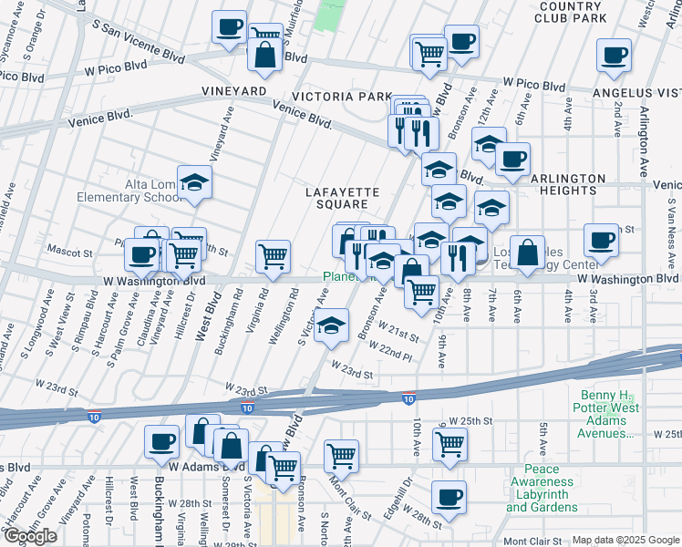 map of restaurants, bars, coffee shops, grocery stores, and more near 1902 South Victoria Avenue in Los Angeles