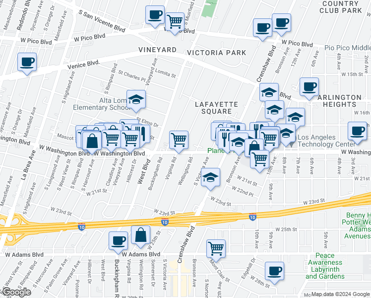map of restaurants, bars, coffee shops, grocery stores, and more near 4394 West Washington Boulevard in Los Angeles
