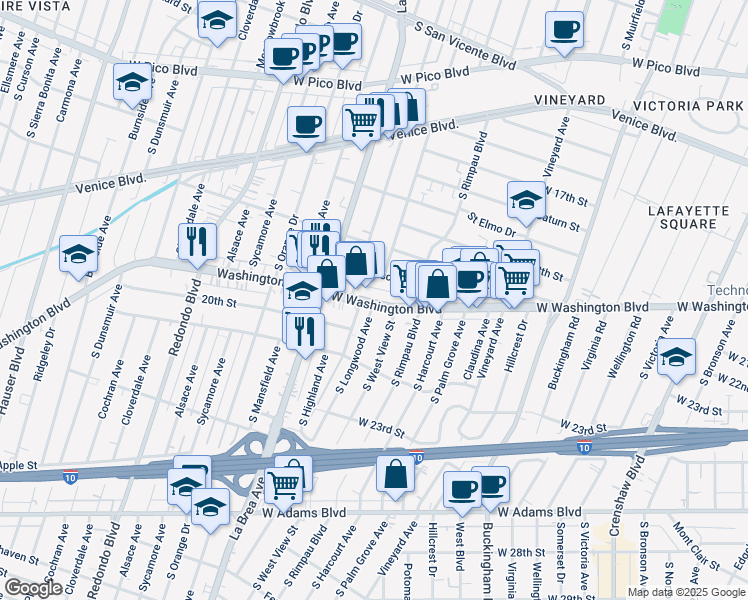map of restaurants, bars, coffee shops, grocery stores, and more near 1900 South Longwood Avenue in Los Angeles