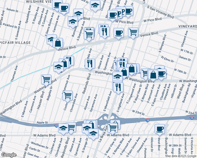 map of restaurants, bars, coffee shops, grocery stores, and more near 5107 West 21st Street in Los Angeles