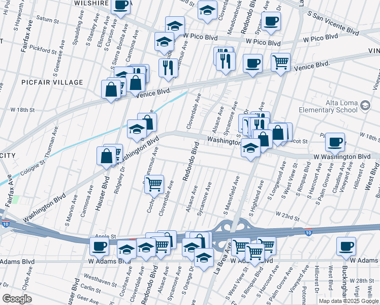 map of restaurants, bars, coffee shops, grocery stores, and more near 5147 West 21st Street in Los Angeles