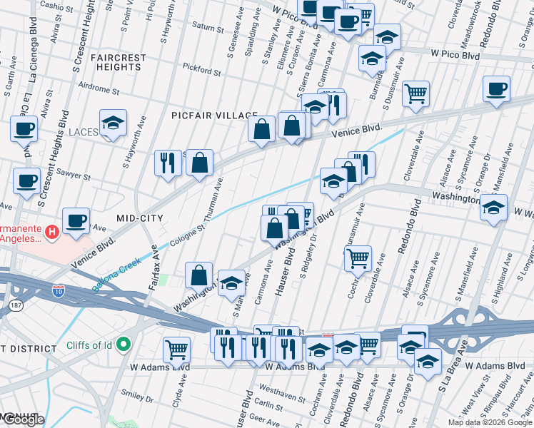 map of restaurants, bars, coffee shops, grocery stores, and more near 1921 Carmona Avenue in Los Angeles