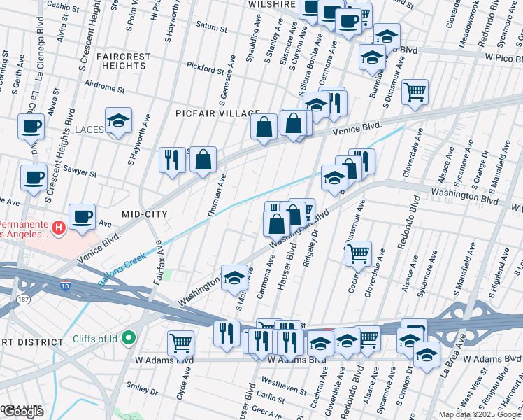 map of restaurants, bars, coffee shops, grocery stores, and more near 1921 Carmona Avenue in Los Angeles