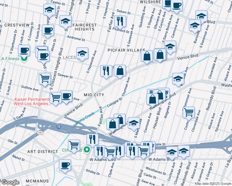 map of restaurants, bars, coffee shops, grocery stores, and more near 2036 South Spaulding Avenue in Los Angeles